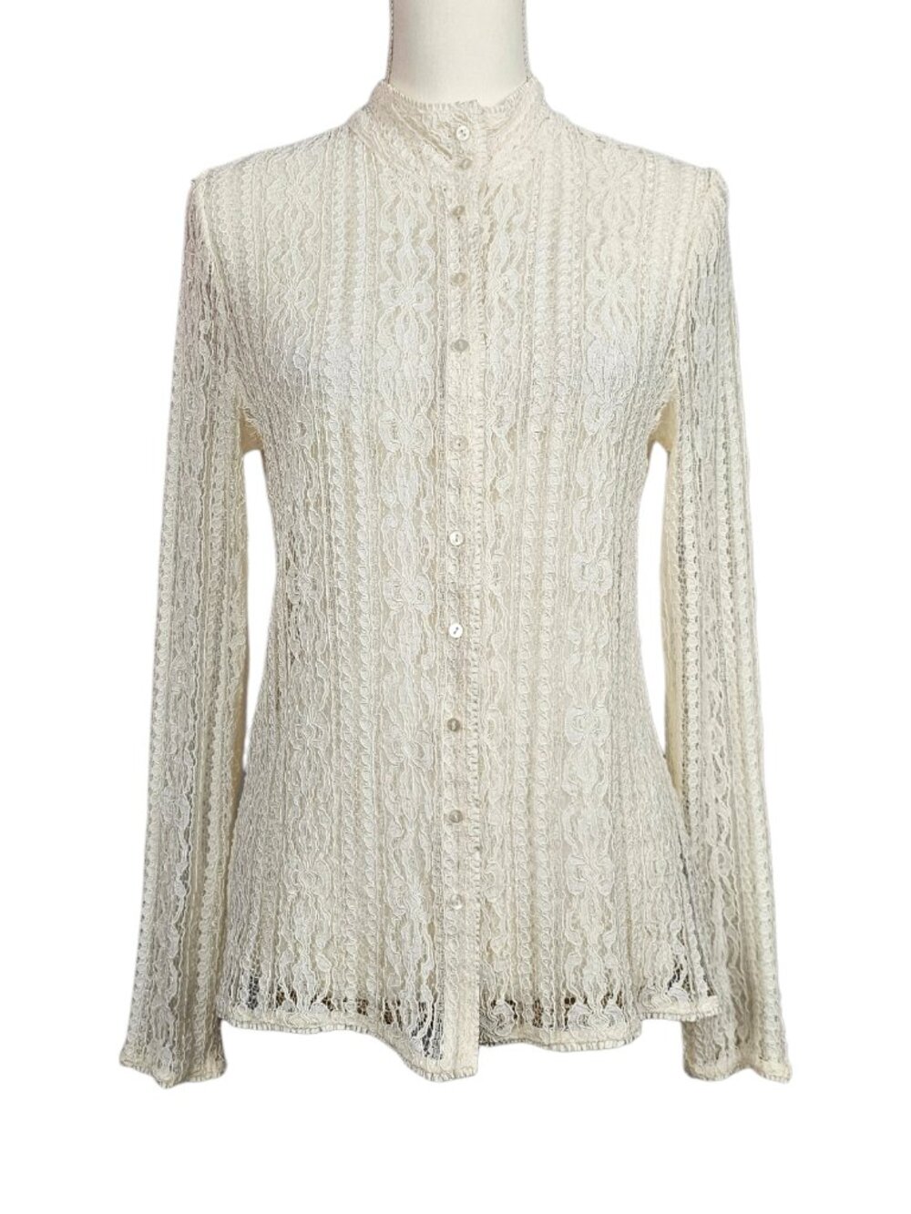 Liz Claiborne Vintage Lace Button Down Cottagecore Semi Sheer Top Size L Cream